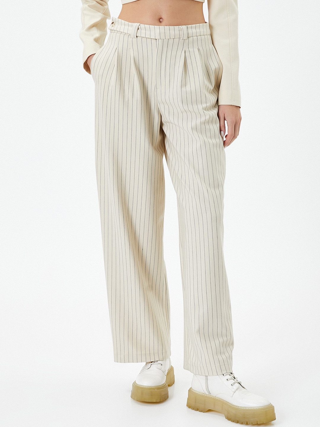 

Koton Women Striped High-Rise Trousers, Beige