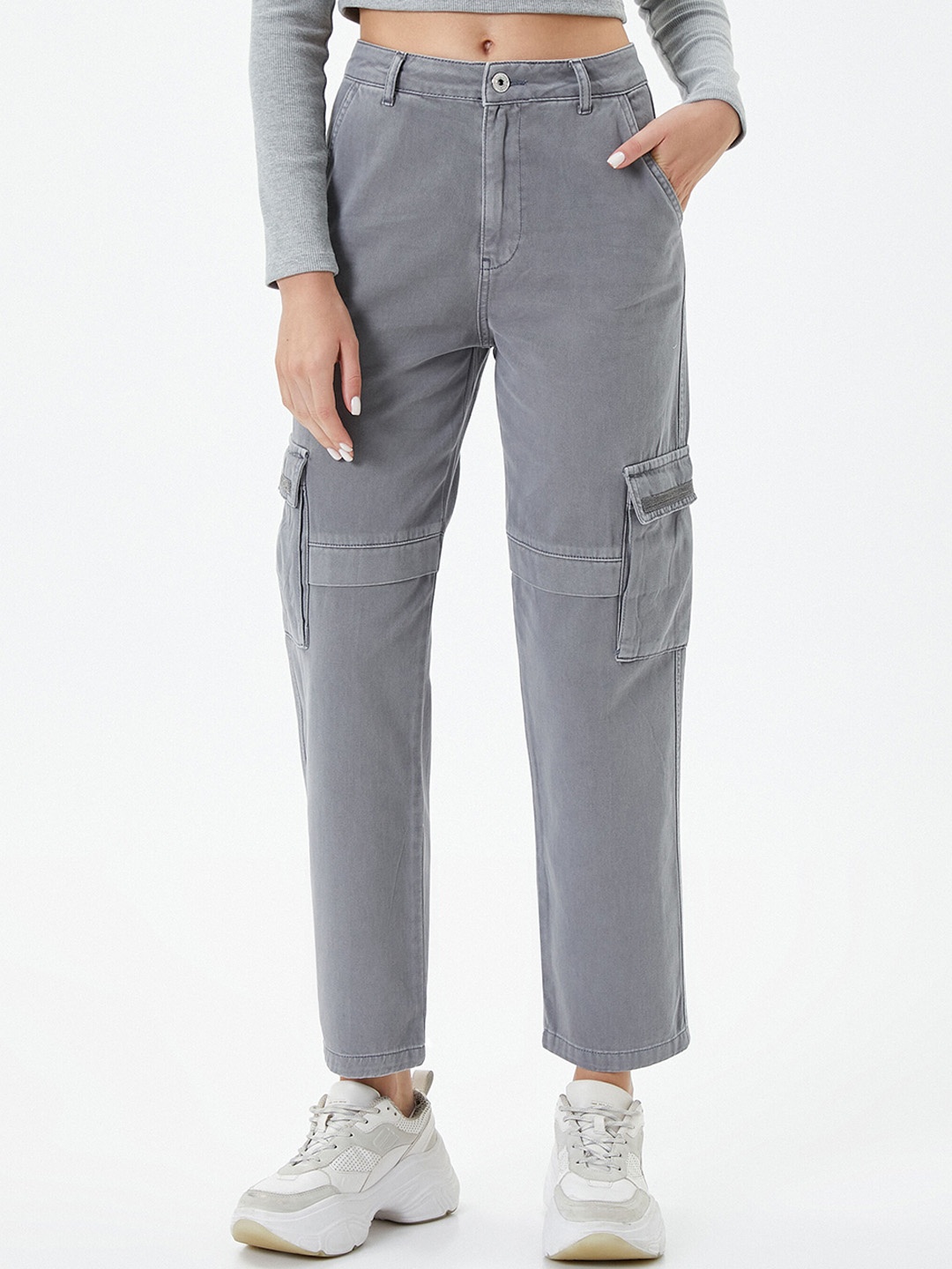 

Koton Women High-Rise Cotton Trousers, Grey