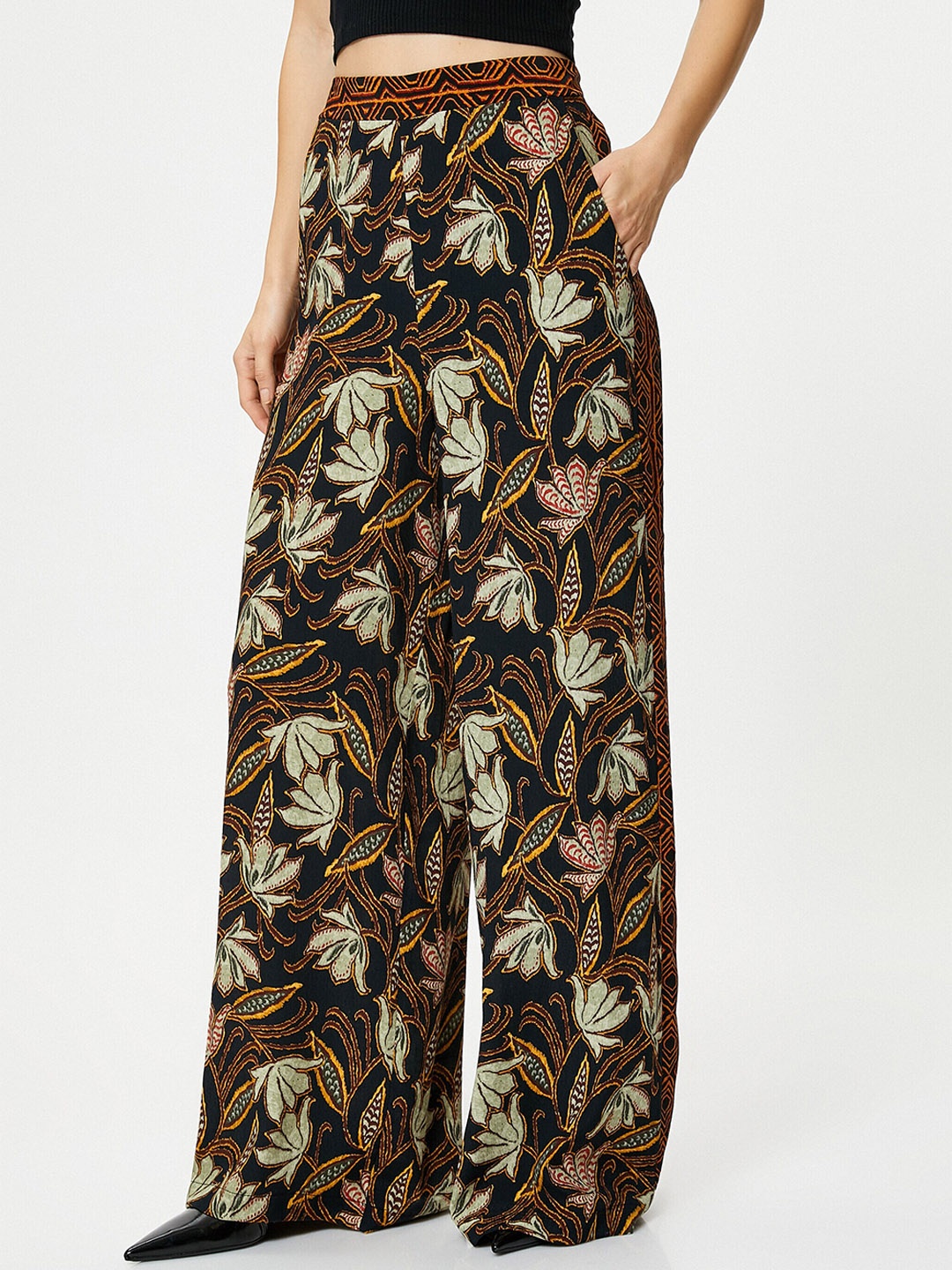 

Koton Women Floral Printed High-Rise Trousers, Brown