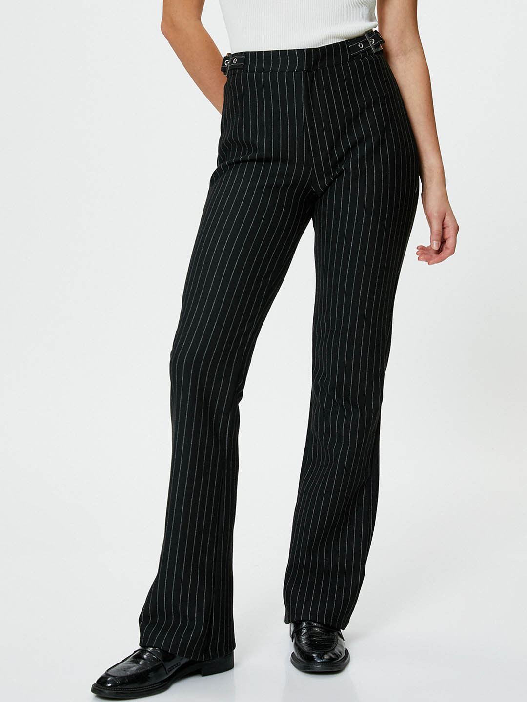 

Koton Women Striped High-Rise Trousers, Black