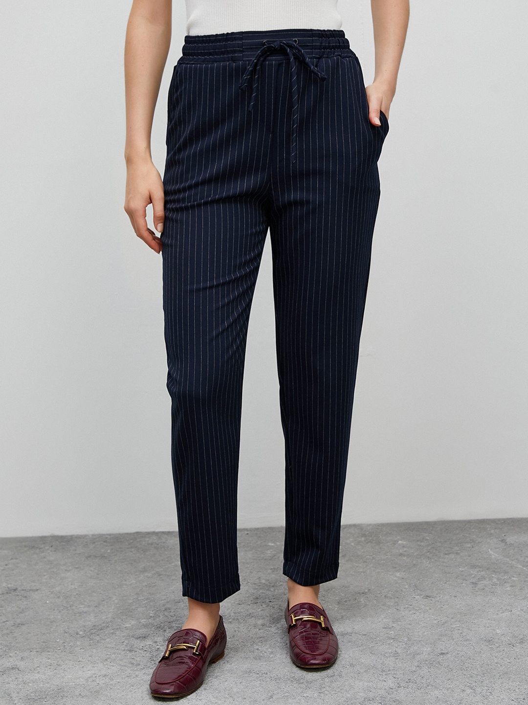 

Koton Women Striped High-Rise Formal Trousers, Navy blue