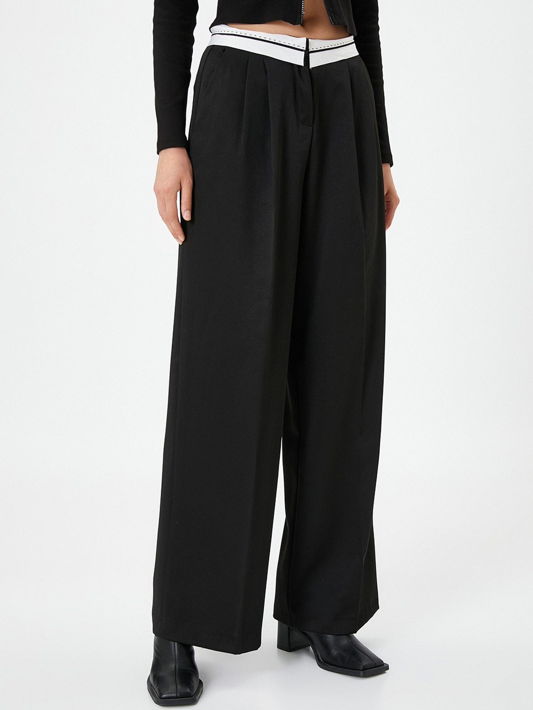 

Koton Women High-Rise Parallel Trousers, Black