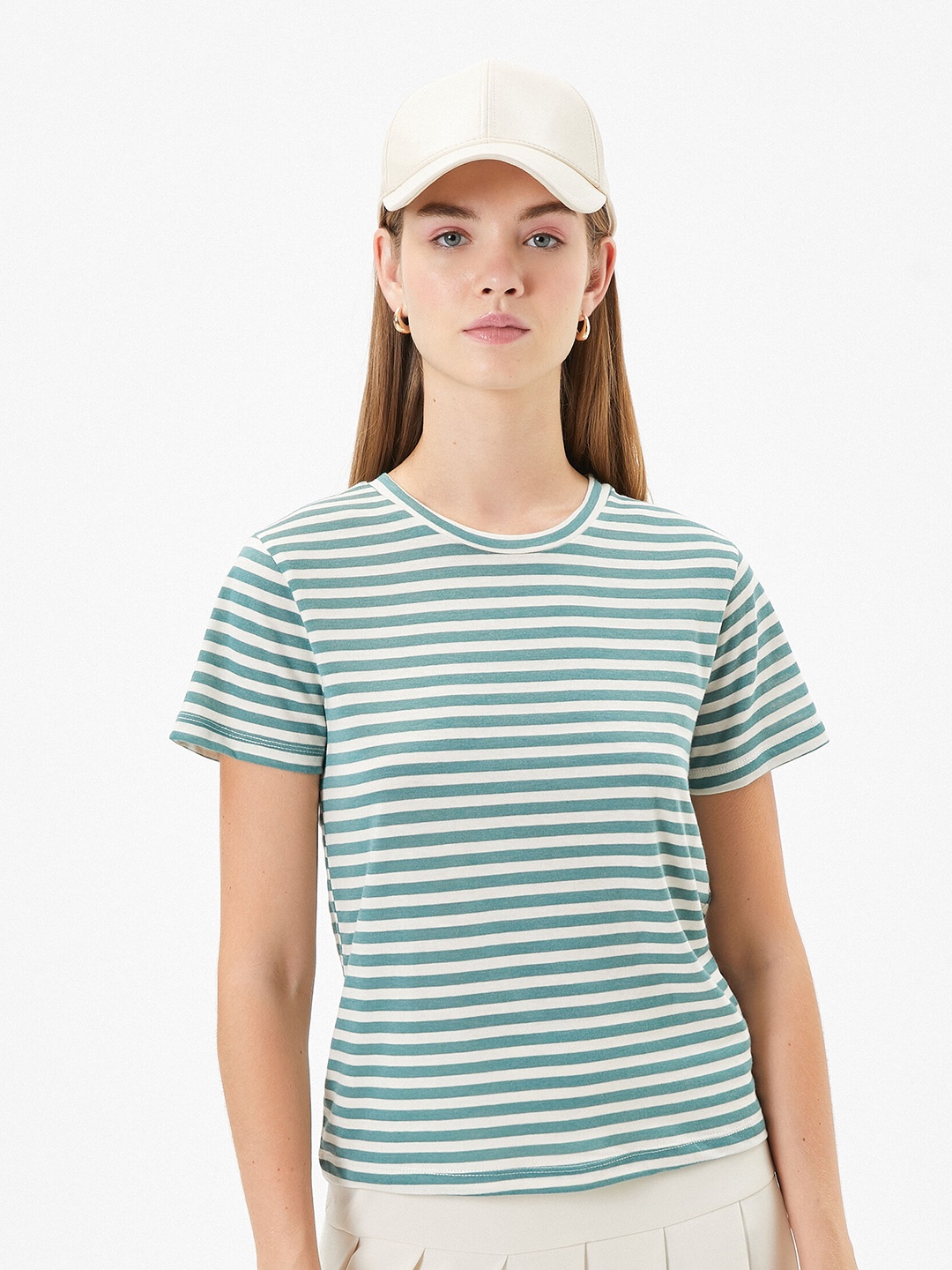 

Koton Striped Round Neck Short Sleeves Cotton T-shirt, Green