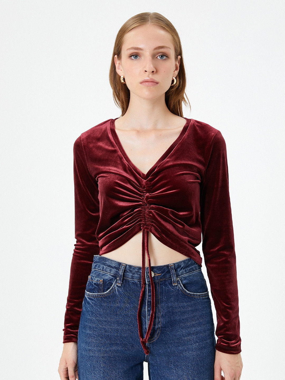 

Koton V-Neck Gathered Ruched Top, Maroon