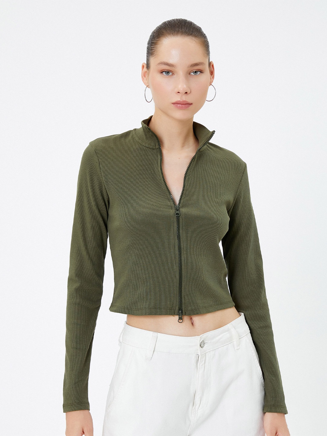 

Koton Ribbed Mock Collar Long Sleeve Crop T-shirt, Khaki