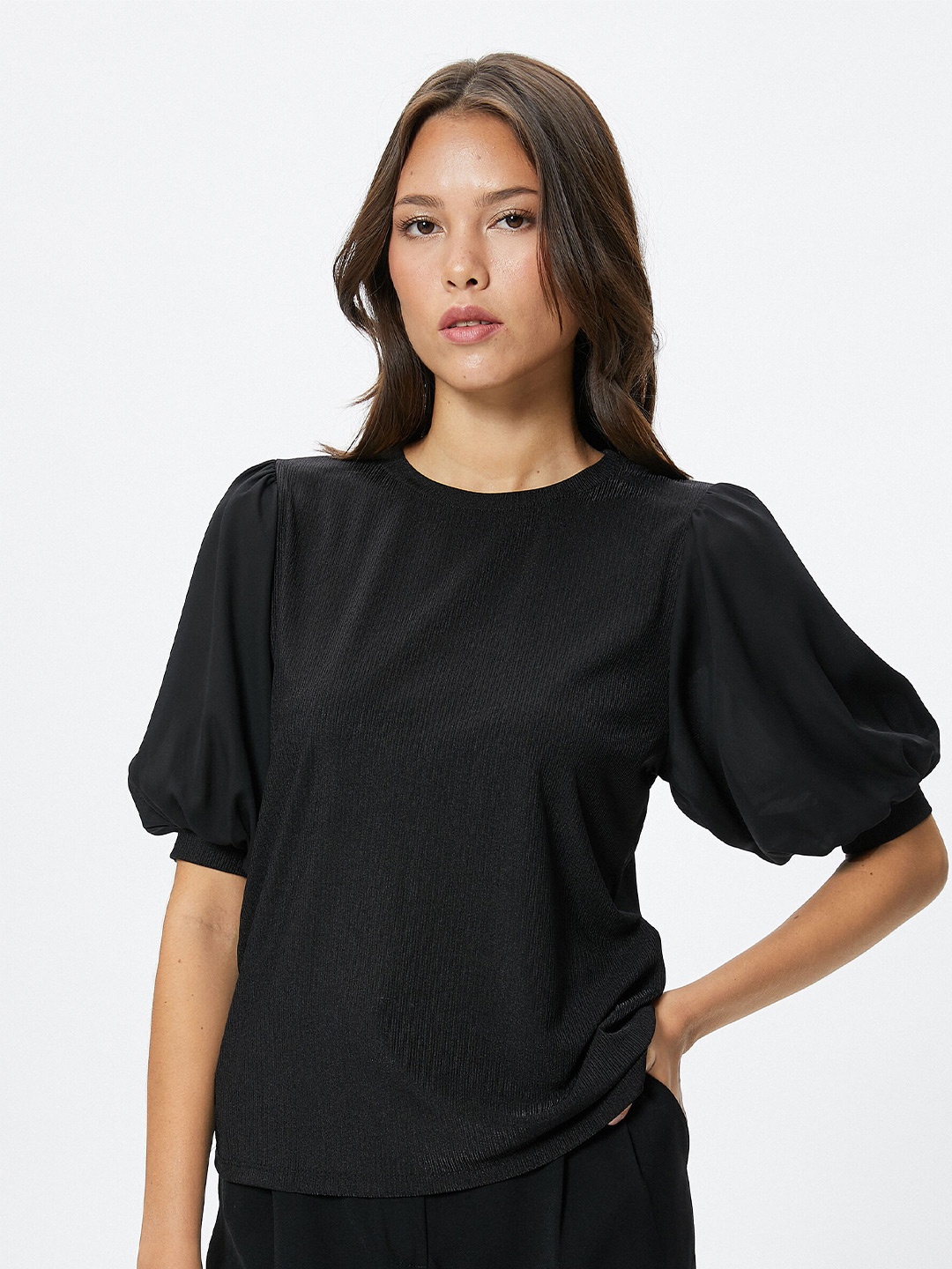 

Koton Round Neck Puff Sleeve Top, Black
