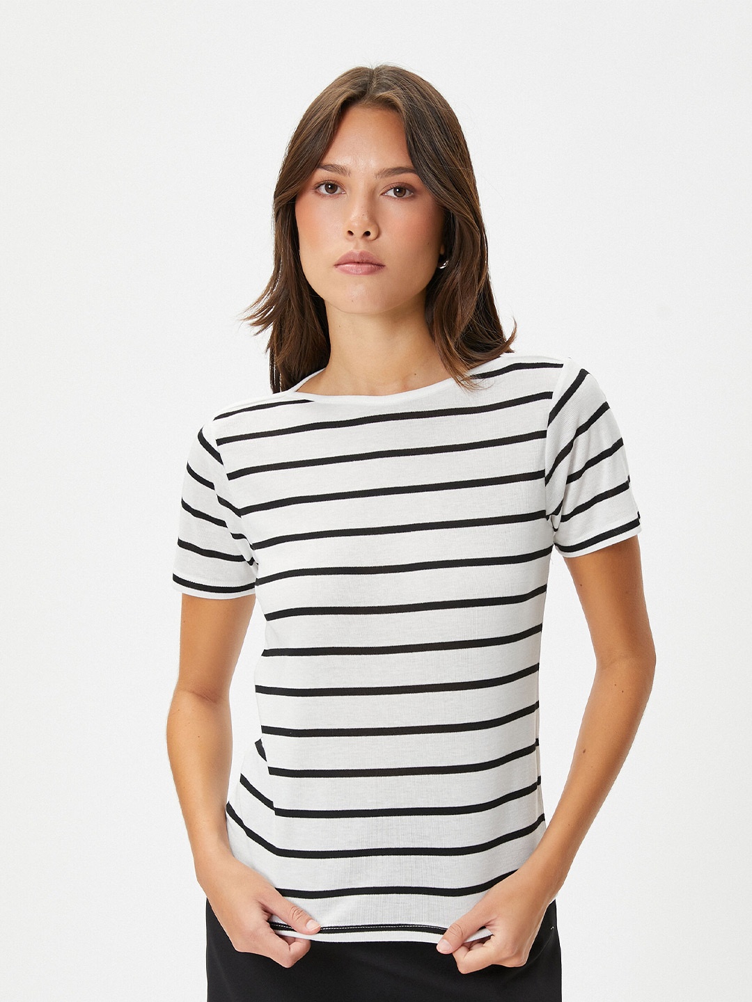 

Koton Striped Boat Neck Regular Fit T-shirt, White