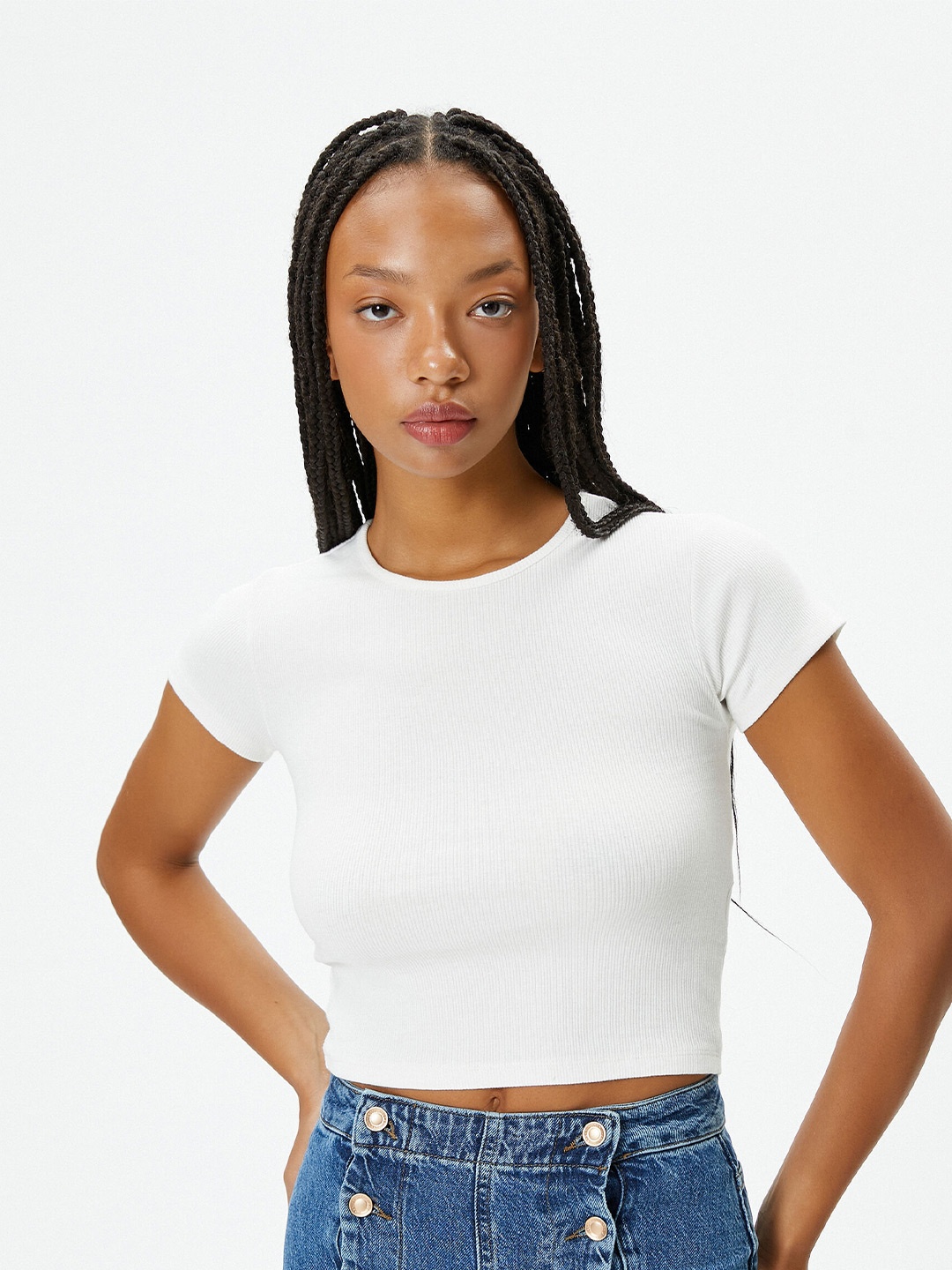 

Koton Round Neck Short Sleeves Cotton Crop T-shirt, White