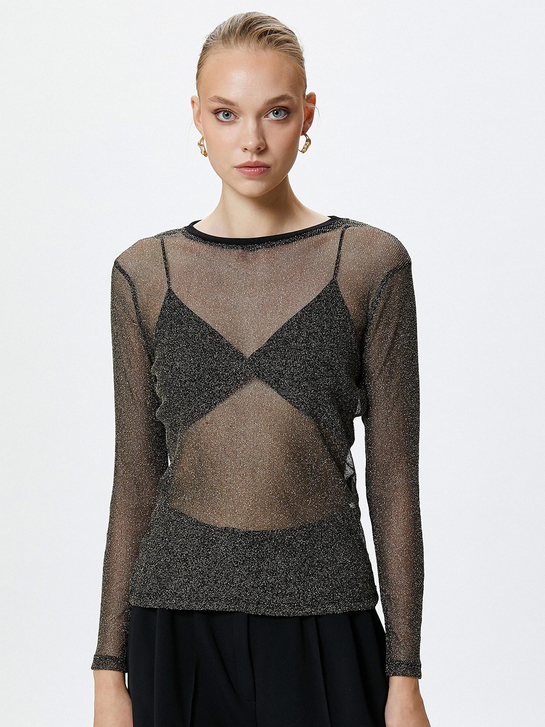 

Koton Sheer Round Neck Top, Black