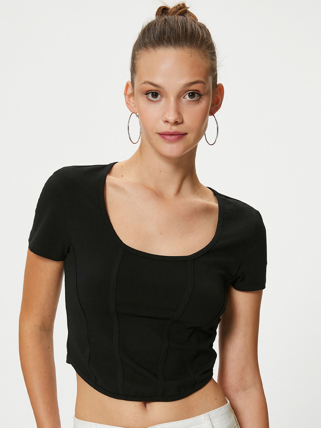 

Koton Scoop Neck Short Sleeeves Cotton Fitted Crop Top, Black