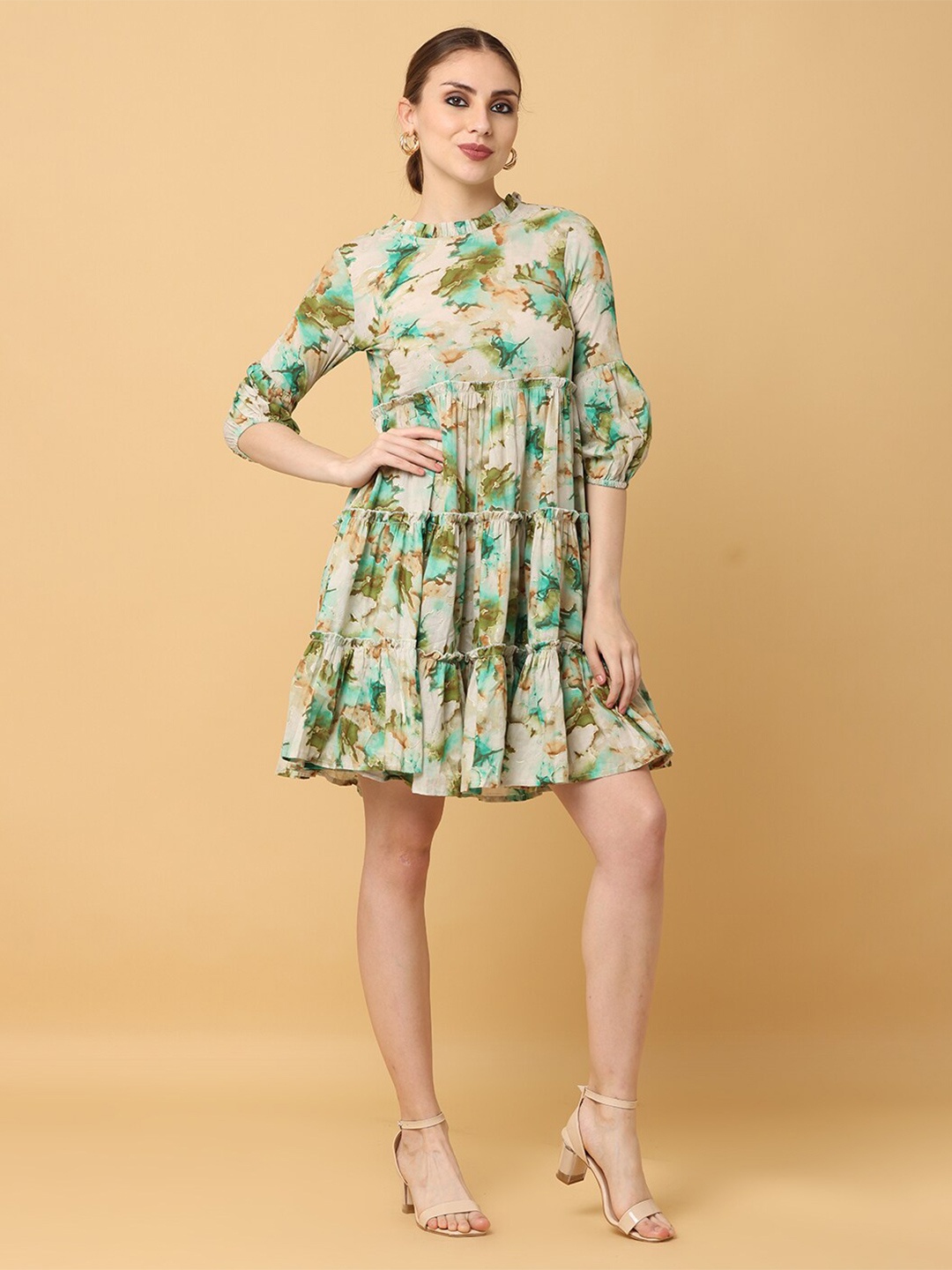 

KALINI Floral Printed Gathered Detail Fit & Flare Dress, Green