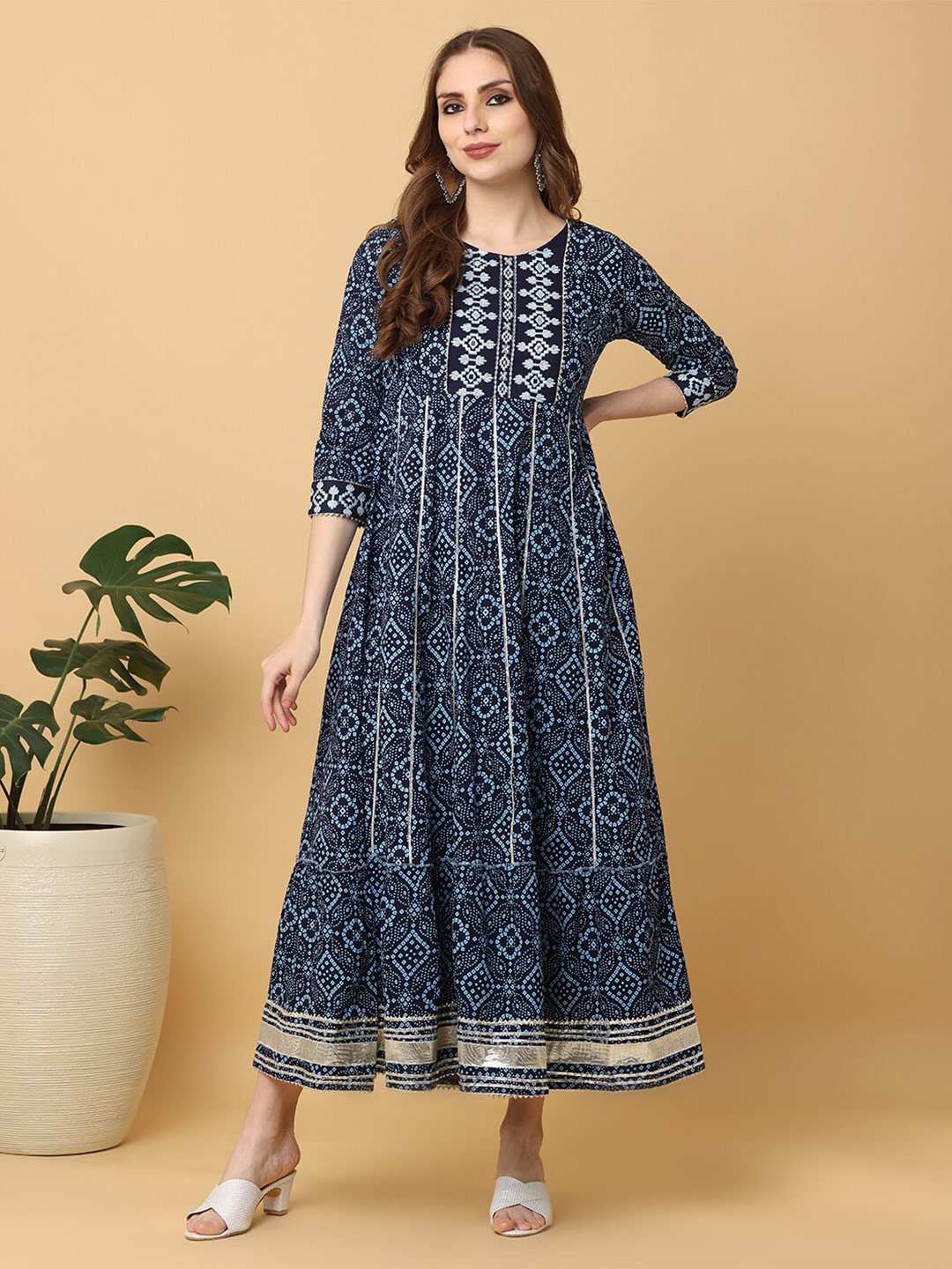 

KALINI Ethnic Motifs Printed Embroidered Detail A-Line Ethnic Dress, Navy blue