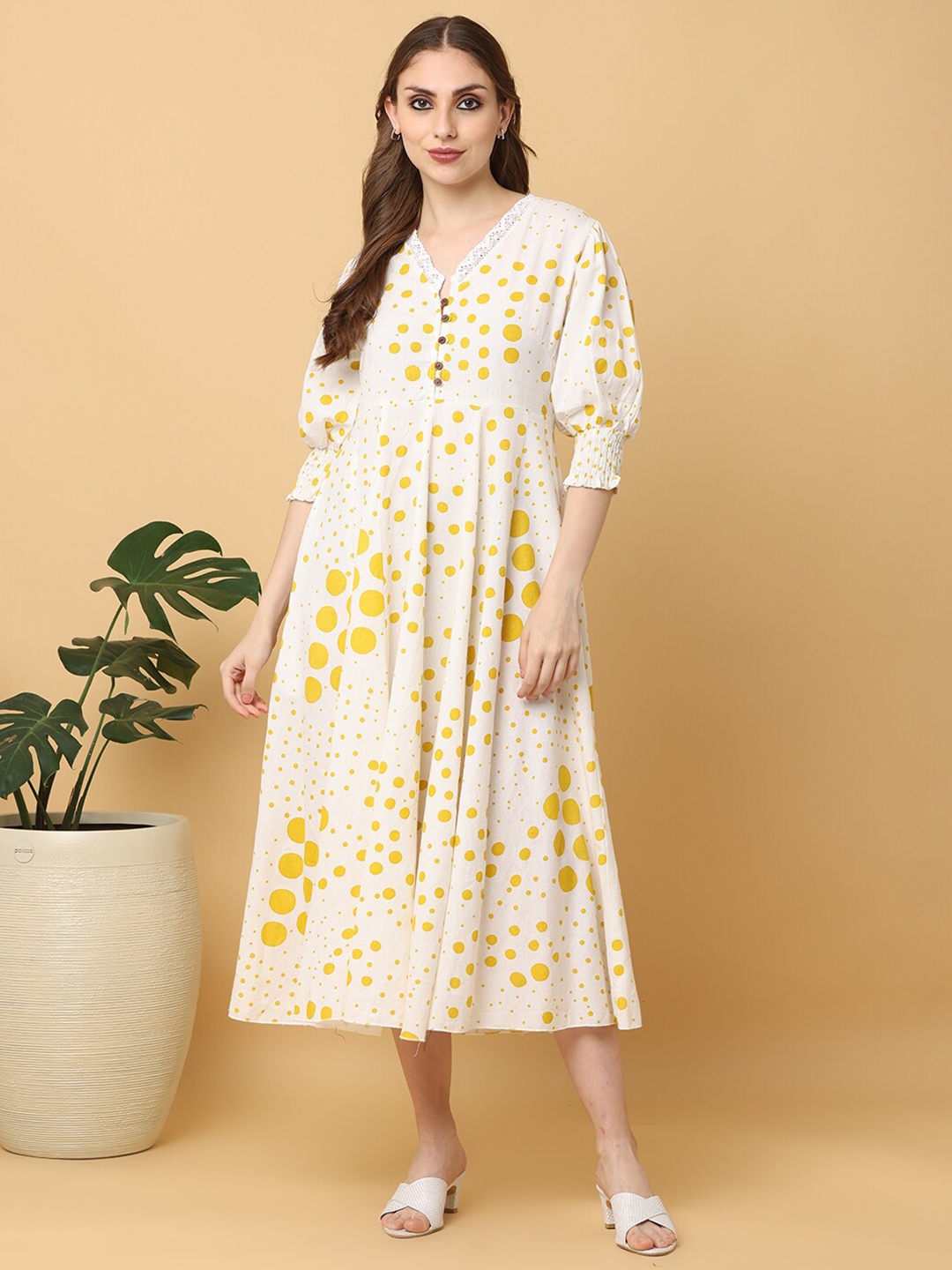

KALINI Geometric Printed V-Neck Puff Sleeves A-Line Dress, White