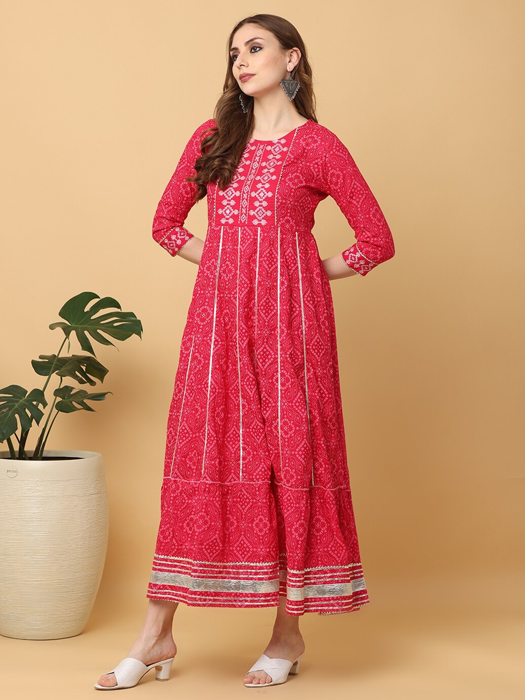 

KALINI Ethnic Motifs Printed Embroidered Detail A-Line Ethnic Dress, Pink