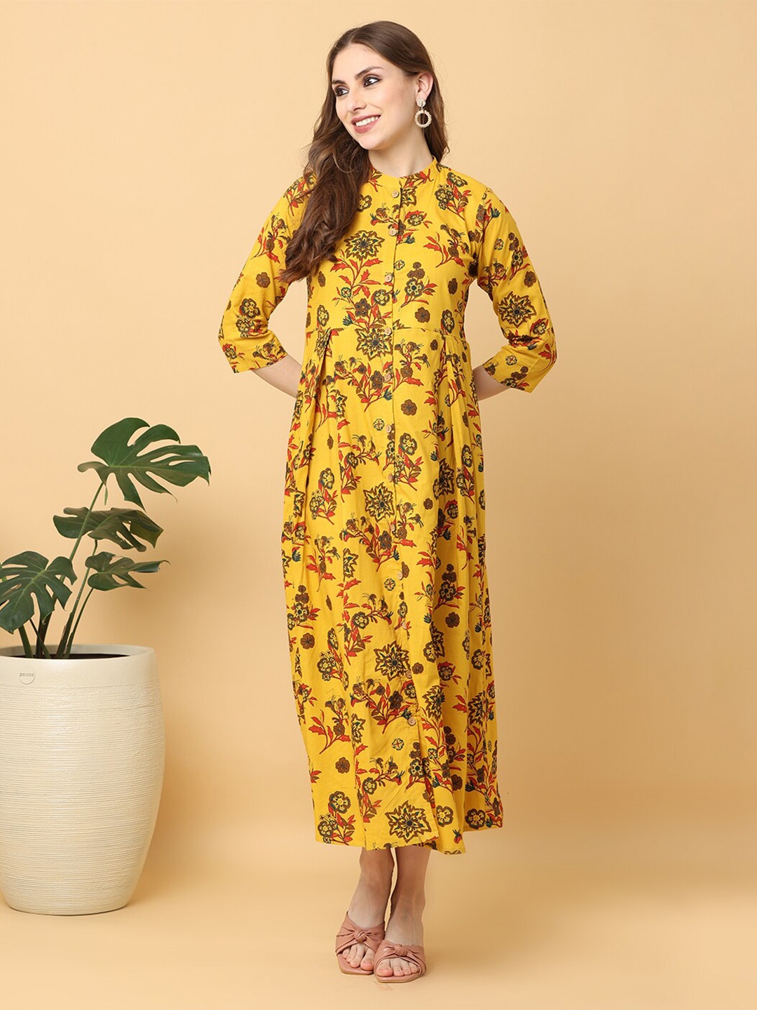 

KALINI Mustard Yellow Floral Print A-Line Three-Quarter Dress
