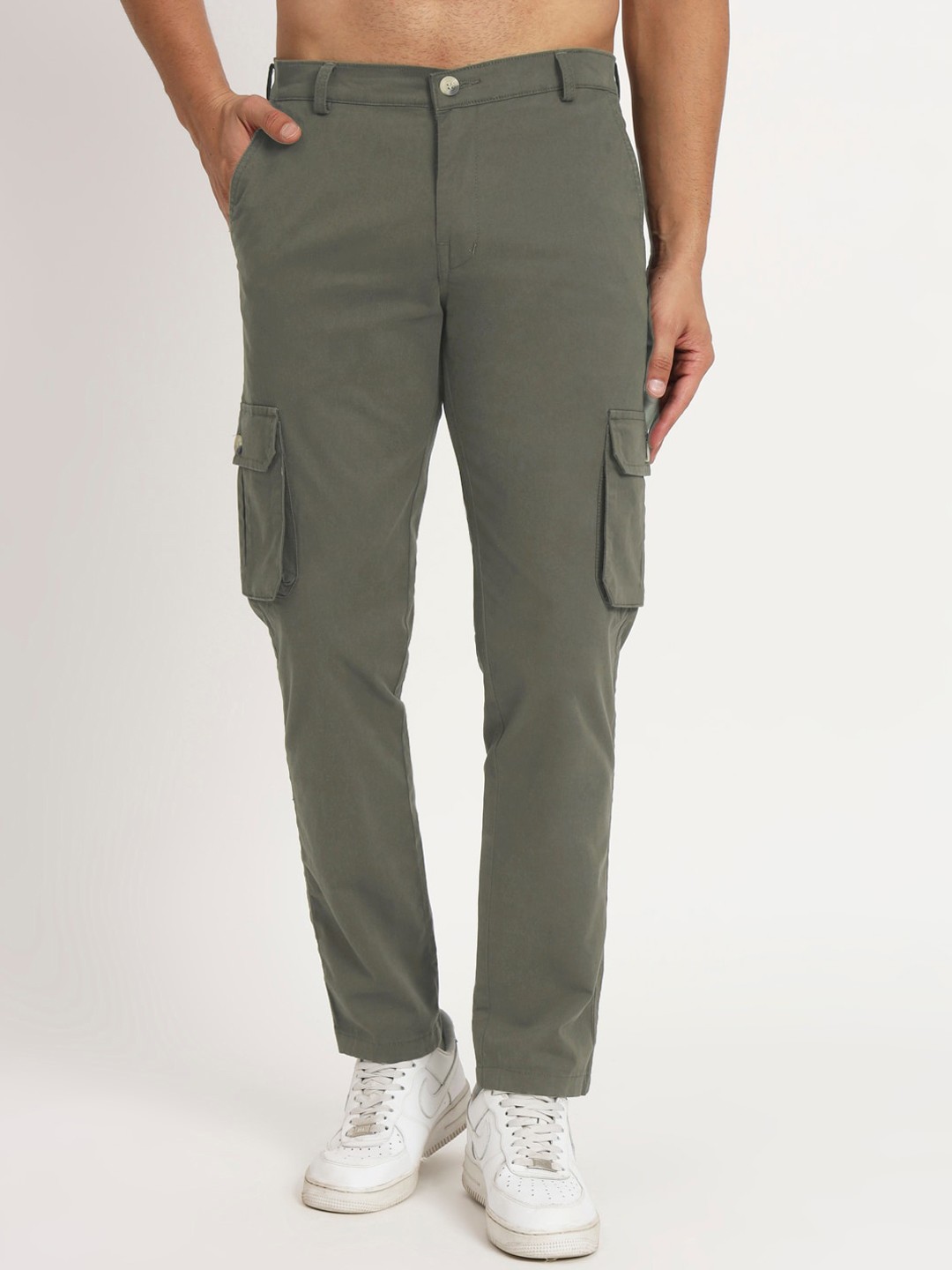 

RAGZO Men Loose Fit Mid Rise Pure Cotton Cargos Trousers, Green