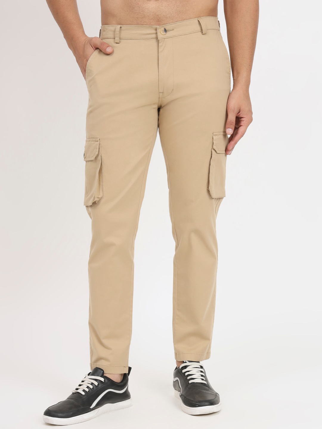 

RAGZO Men Loose Fit Mid Rise Pure Cotton Cargos Trousers, Khaki