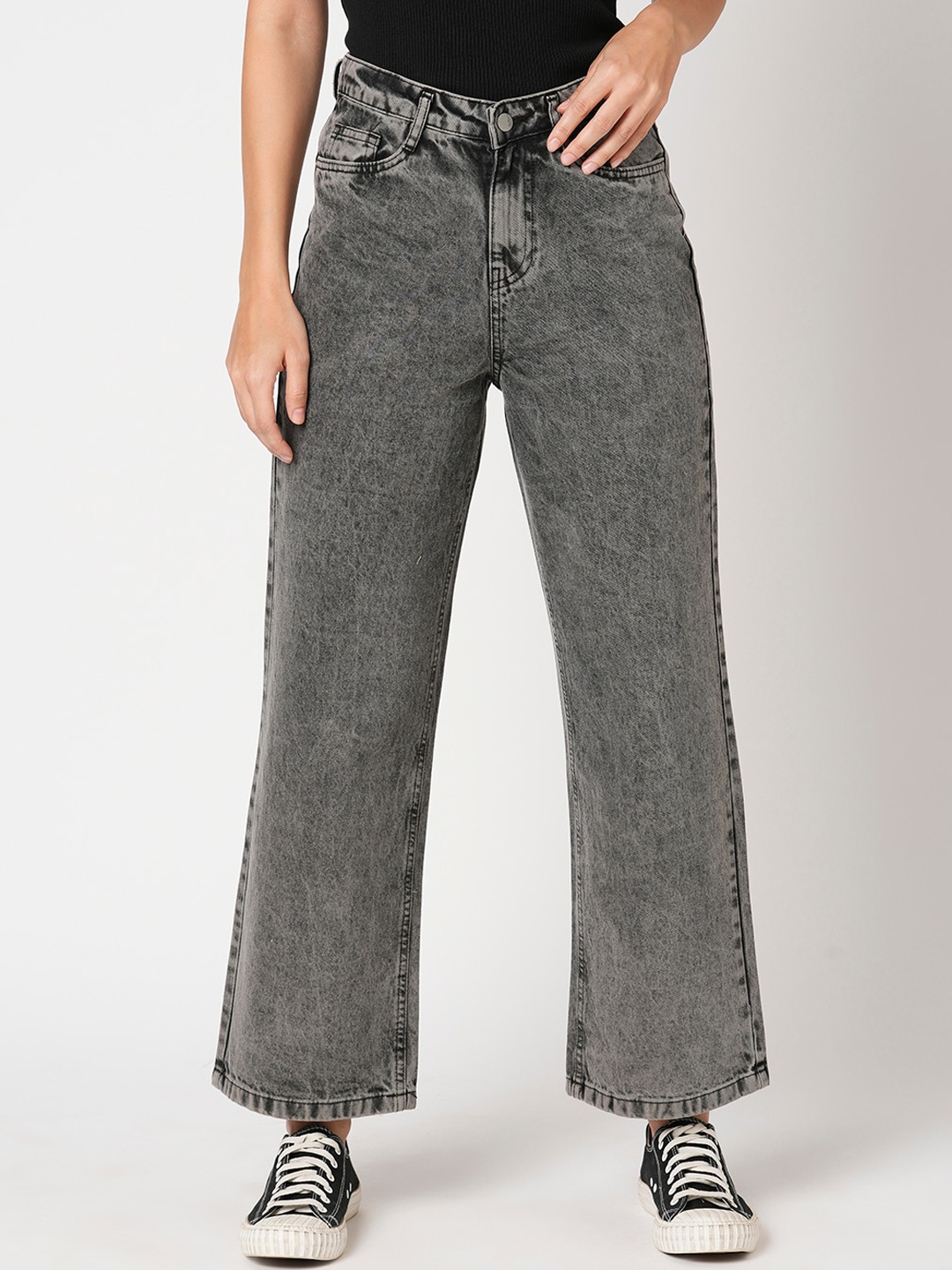 

Kraus Jeans Women Wide Leg High-Rise Heavy Fade Pure Cotton Jeans, Grey