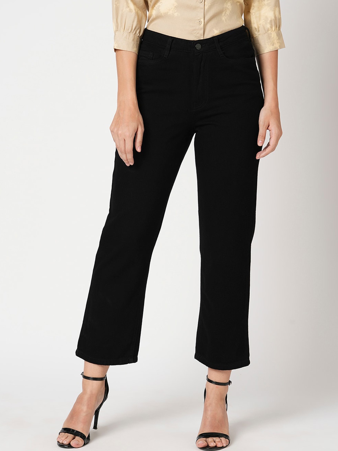 

Kraus Jeans Women Straight Fit Clean Look High-Rise Pure Cotton Jeans, Black