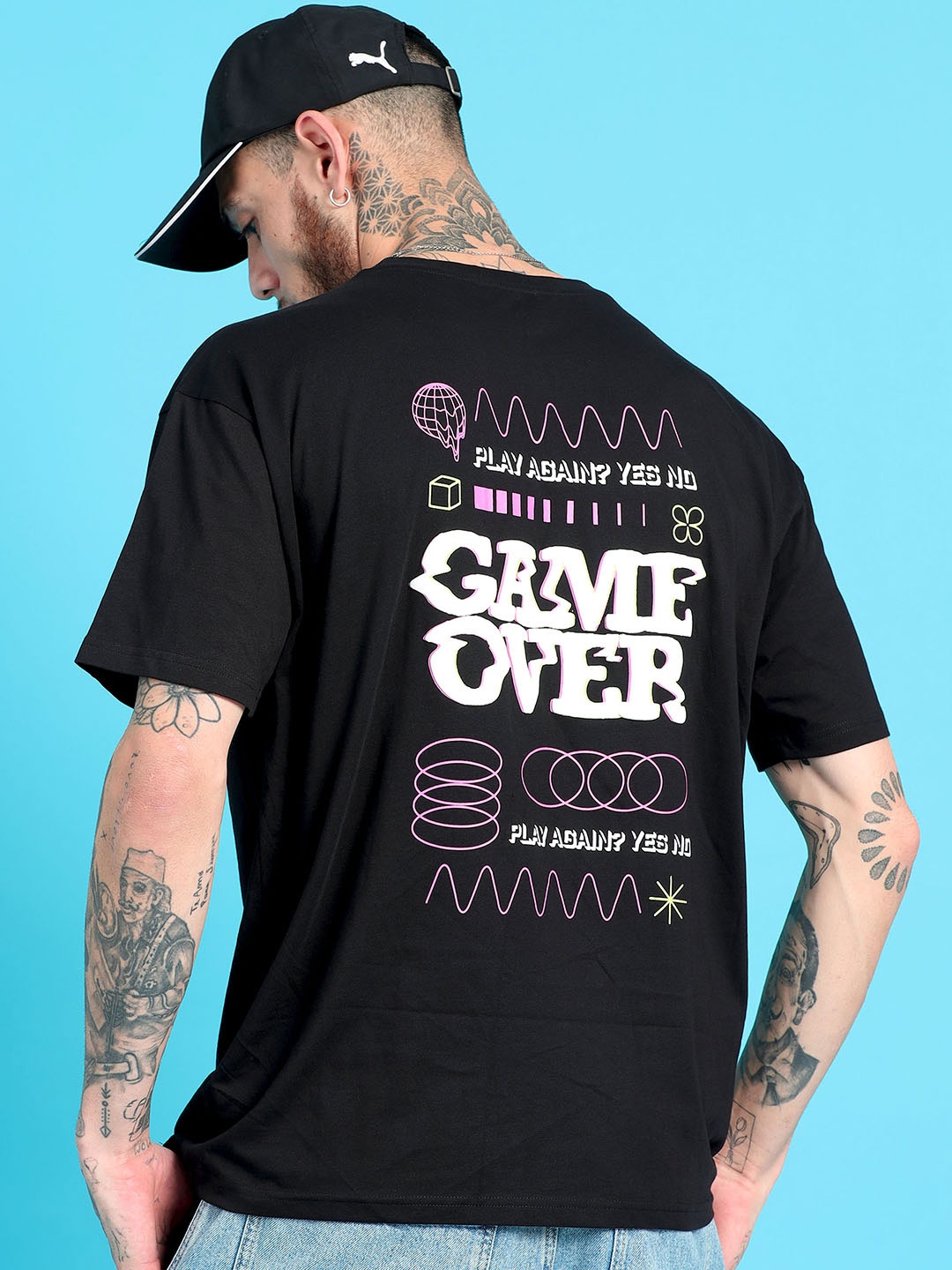 

SILISOUL Typography Printed Drop-Shoulder Sleeves Bio Finish Oversized Pure Cotton T-shirt, Black