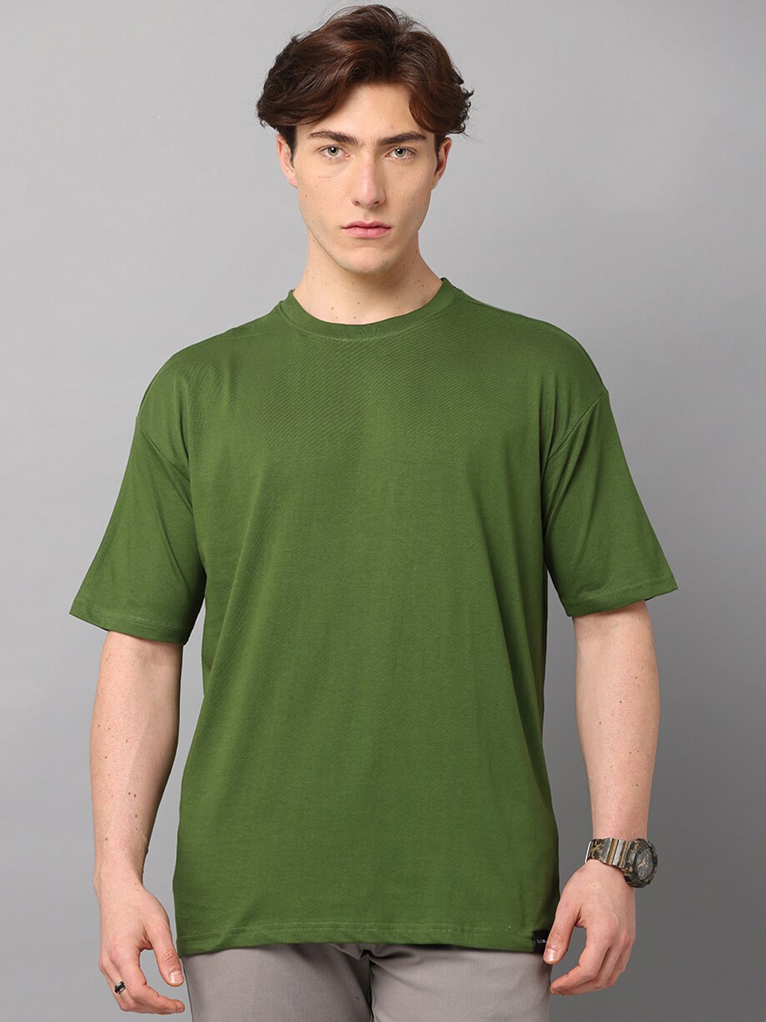 

SILISOUL Drop-Shoulder Sleeves Bio Finish Pure Cotton Oversized T-shirt, Green