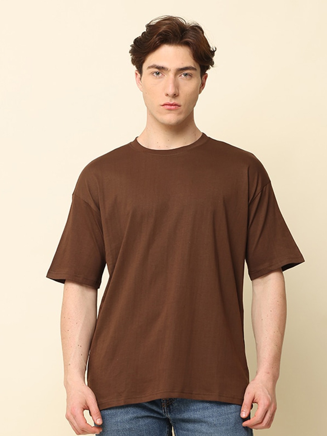

SILISOUL Drop-Shoulder Sleeves Bio Finish Pure Cotton Oversized T-shirt, Brown