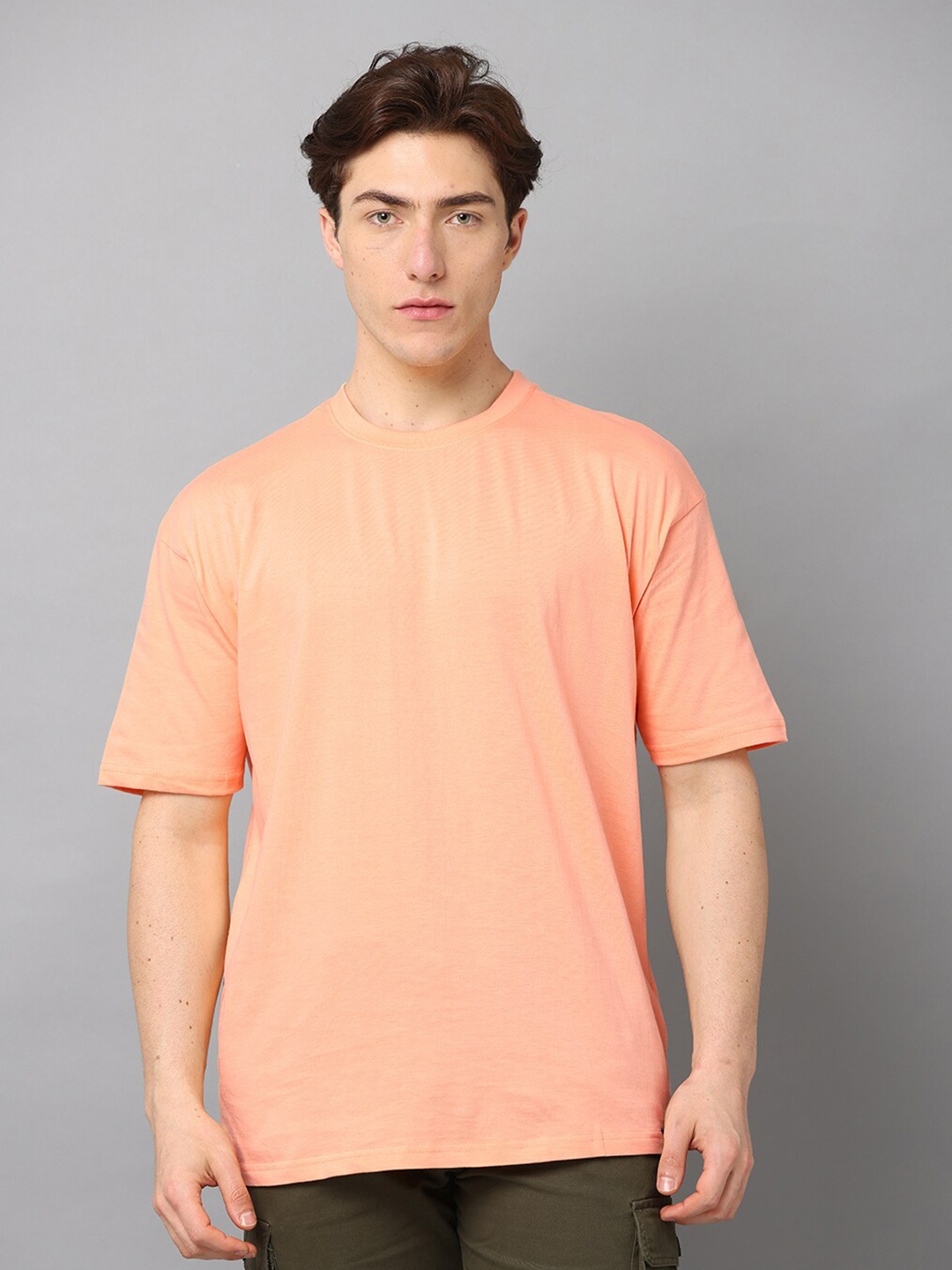 

SILISOUL Drop-Shoulder Sleeves Bio Finish Pure Cotton Oversized T-shirt, Peach