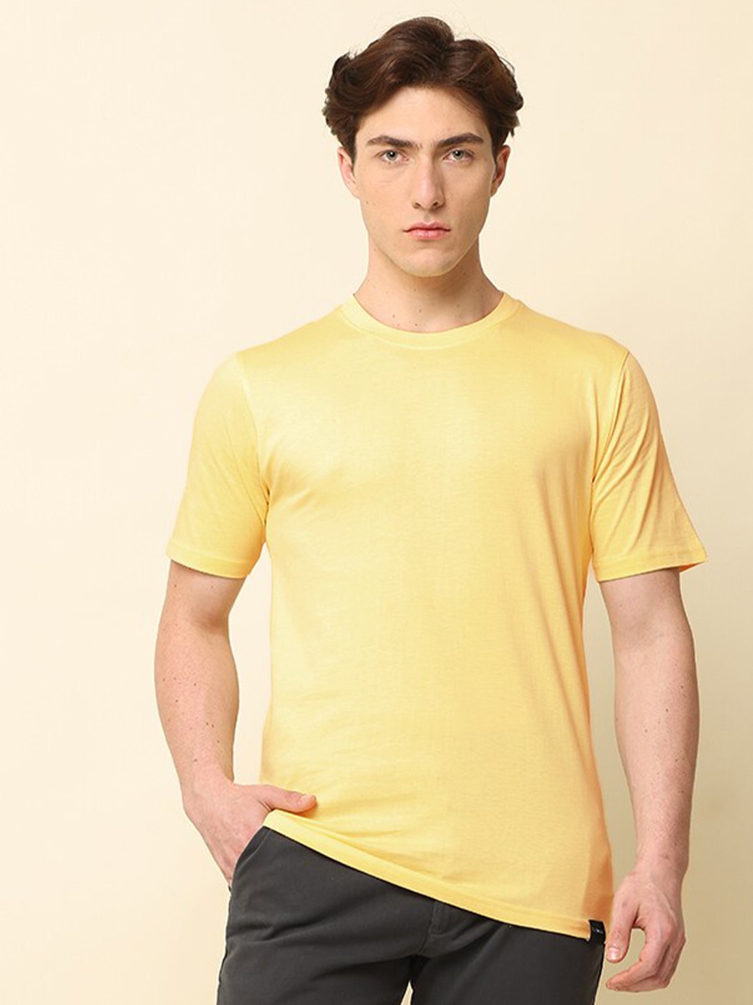 

SILISOUL Round Neck Bio Finish Pure Cotton Casual T-shirt, Yellow