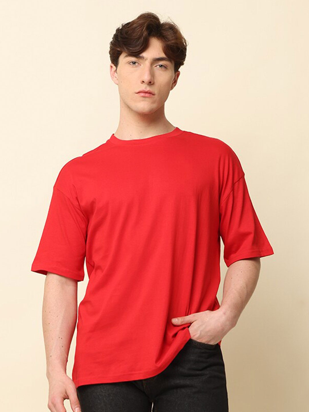

SILISOUL Red Drop-Shoulder Sleeves Bio Finish Pure Cotton Oversized T-shirt