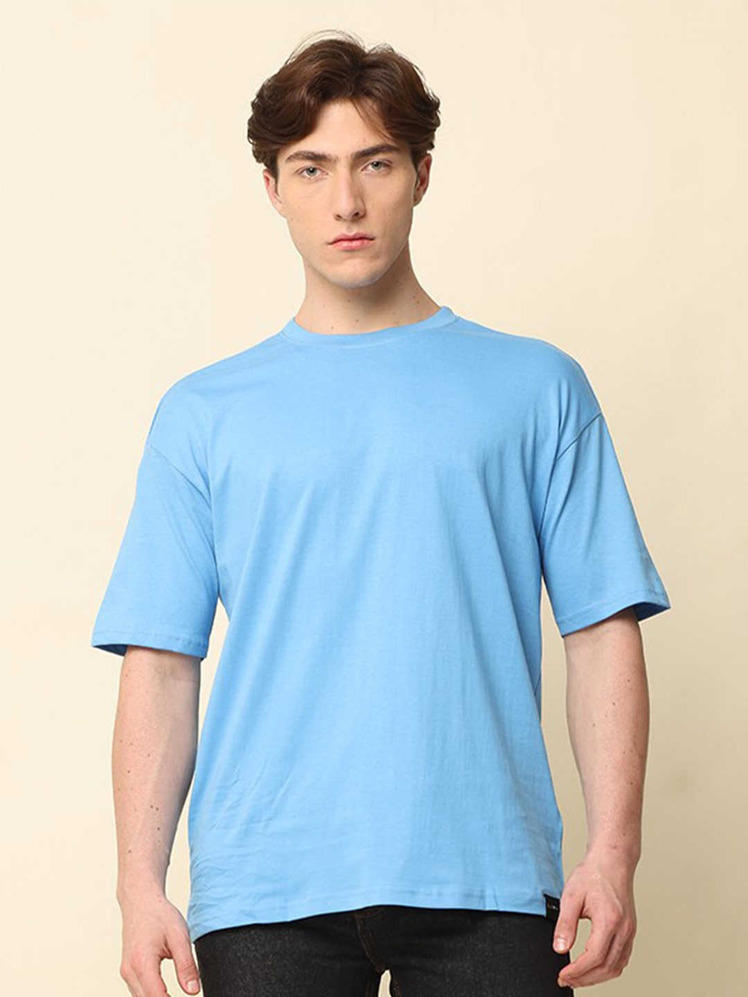 

SILISOUL Drop-Shoulder Sleeves Bio Finish Pure Cotton Oversized T-shirt, Blue
