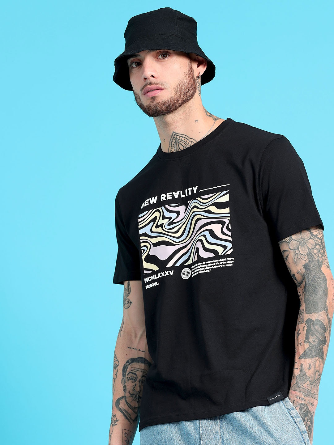 

SILISOUL Graphic Printed Bio Finish Pure Cotton T-shirt, Black