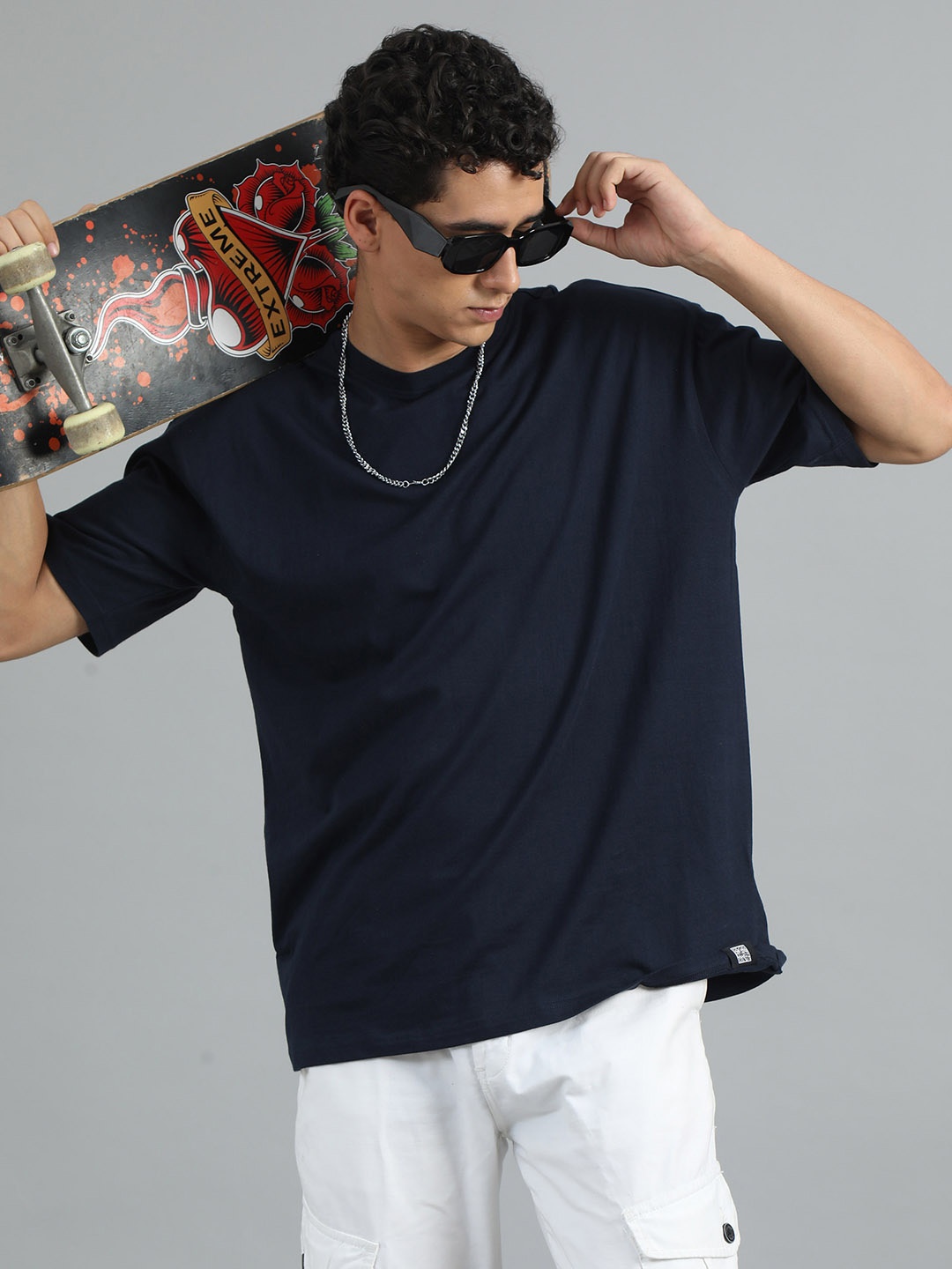 

SILISOUL Men Pure Cotton Oversized Fit T-Shirt, Navy blue