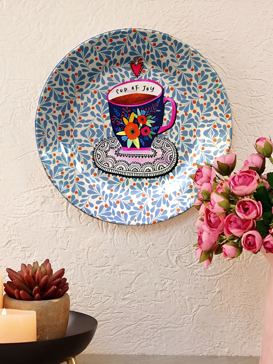 

JIKRAA Beige & Blue Floral Printed Ceramic Round Wall Plate