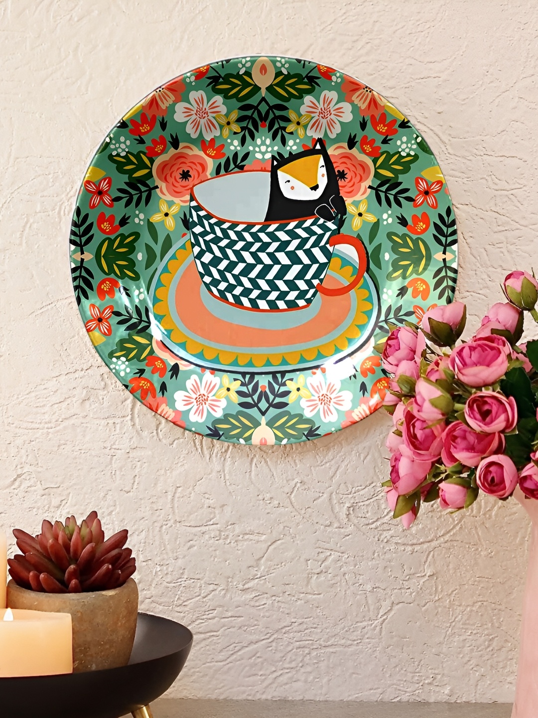 

JIKRAA Green & Red Floral Printed Ceramic Round Wall Plate