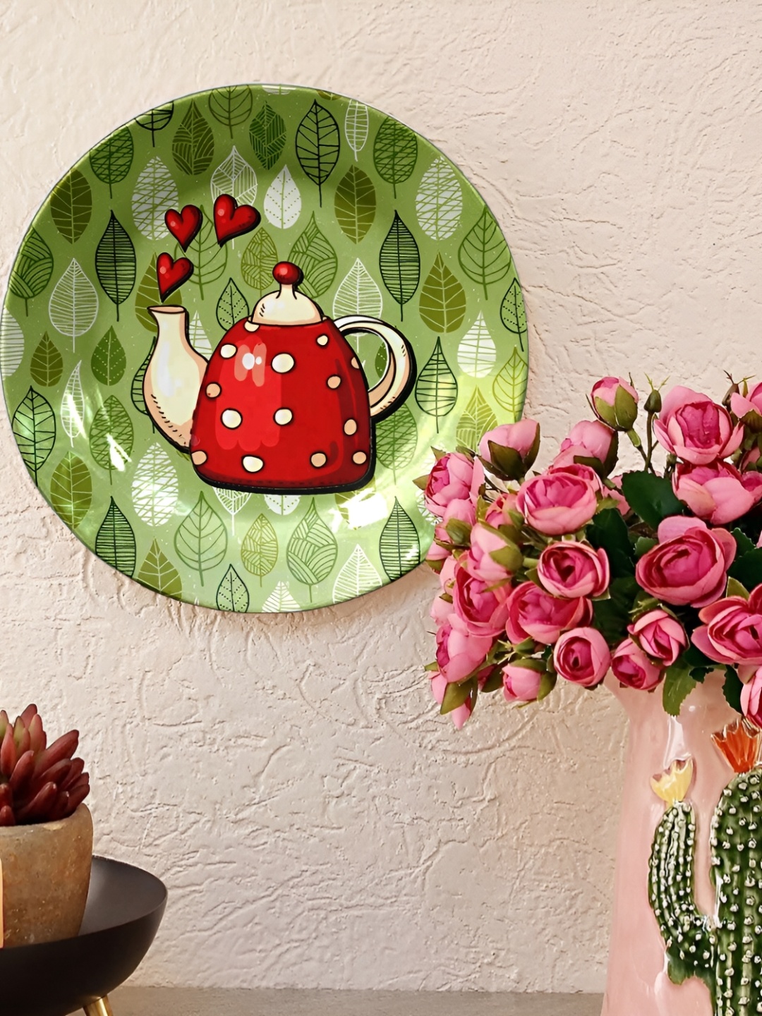 

JIKRAA Green & Red Floral Printed Ceramic Round Wall Plate