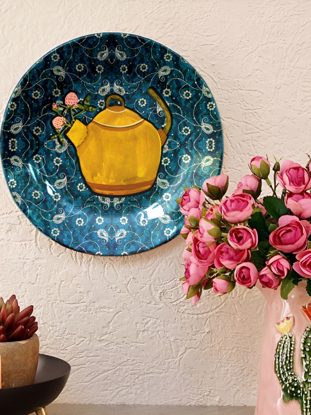 

JIKRAA Blue & Yellow Floral Printed Ceramic Round Wall Plate