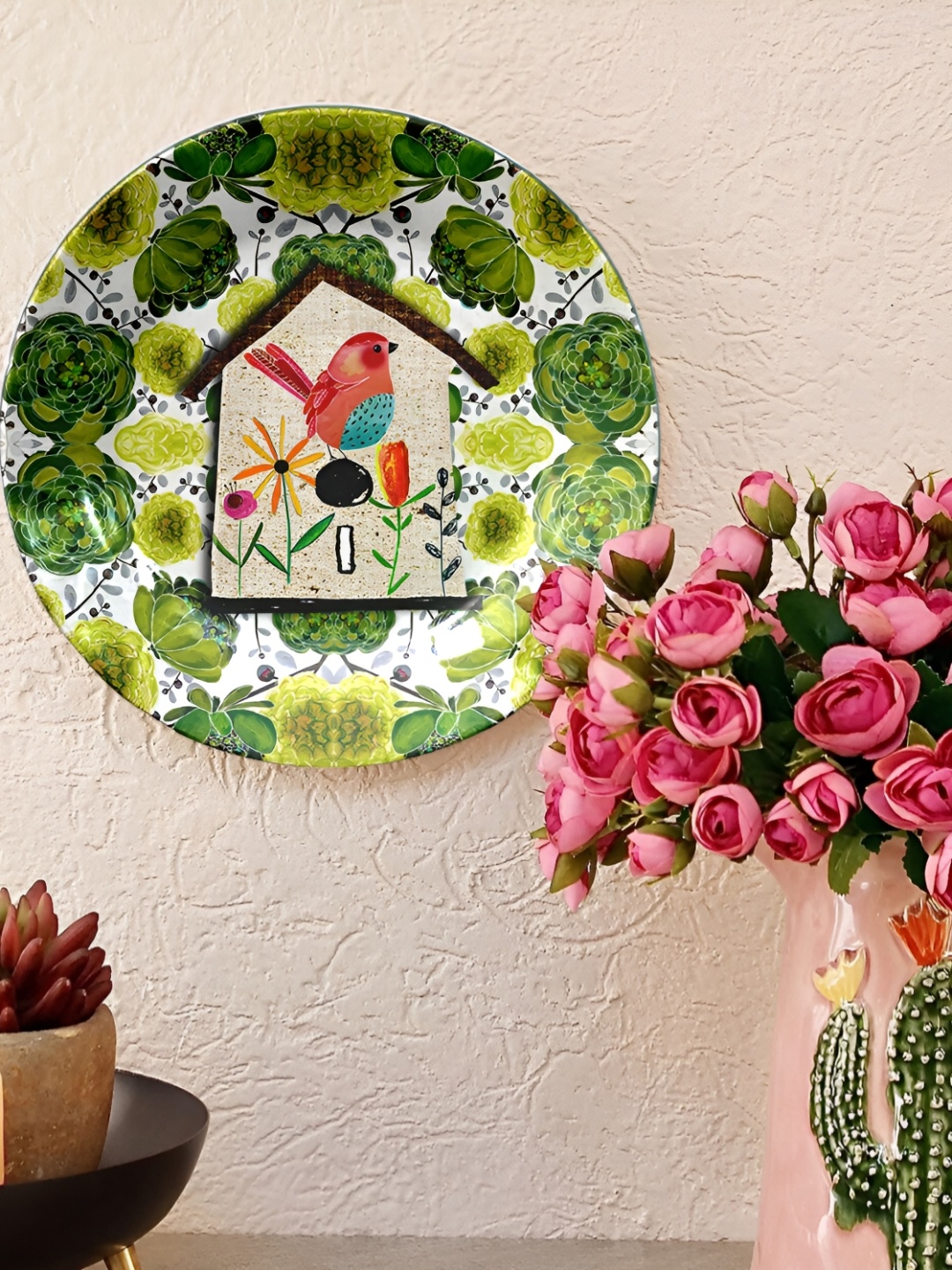 

JIKRAA White & Green Floral Printed Ceramic Round Wall Plate