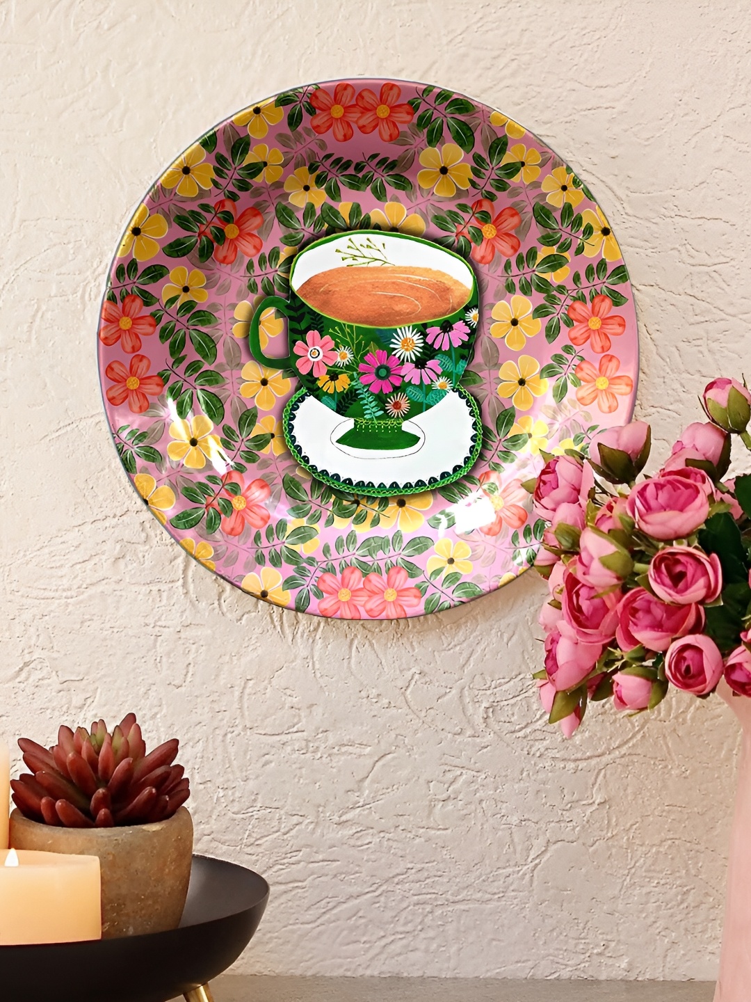 

JIKRAA Pink & Green Floral Printed Ceramic Round Wall Plate
