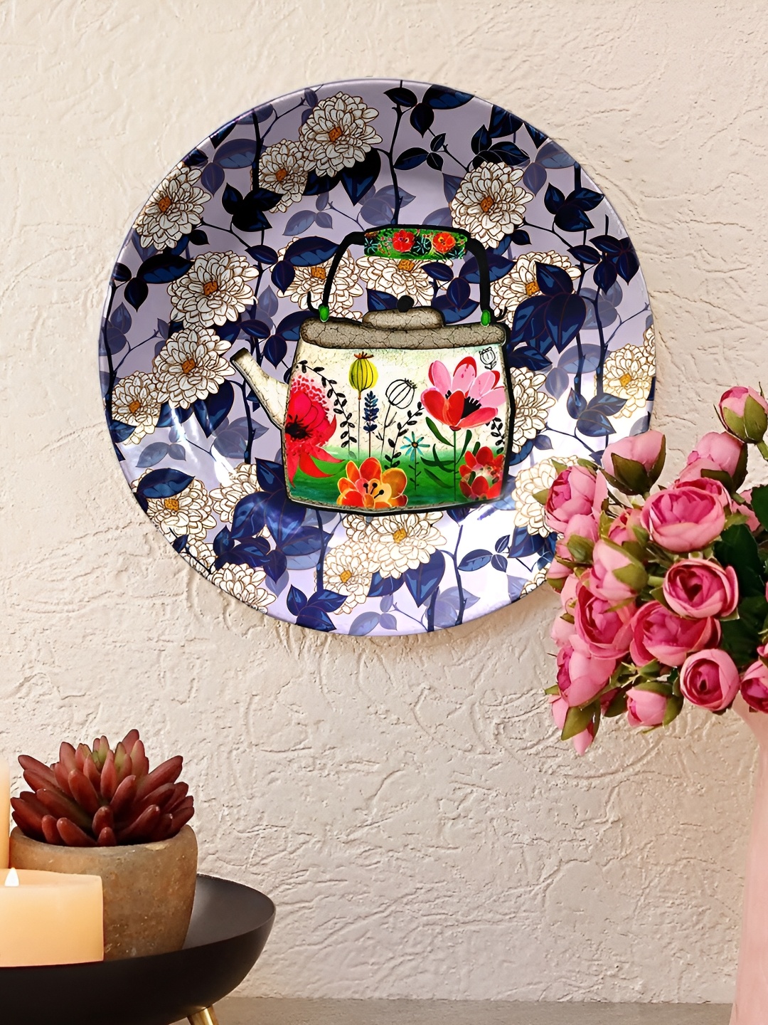 

JIKRAA Blue & Beige Floral Printed Ceramic Round Wall Plate, Grey