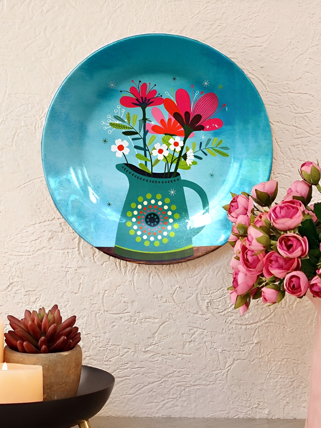 JIKRAA Blue & Pink Floral Printed Ceramic Round Wall Plate
