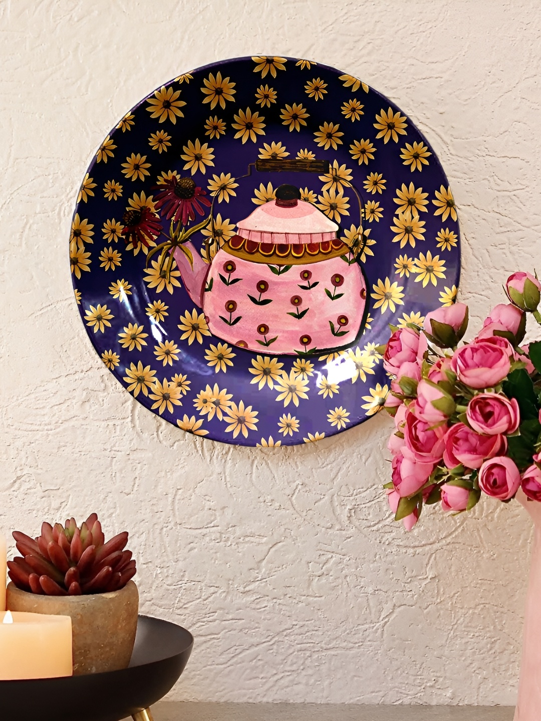 

JIKRAA Blue & Pink Floral Printed Ceramic Round Wall Plate