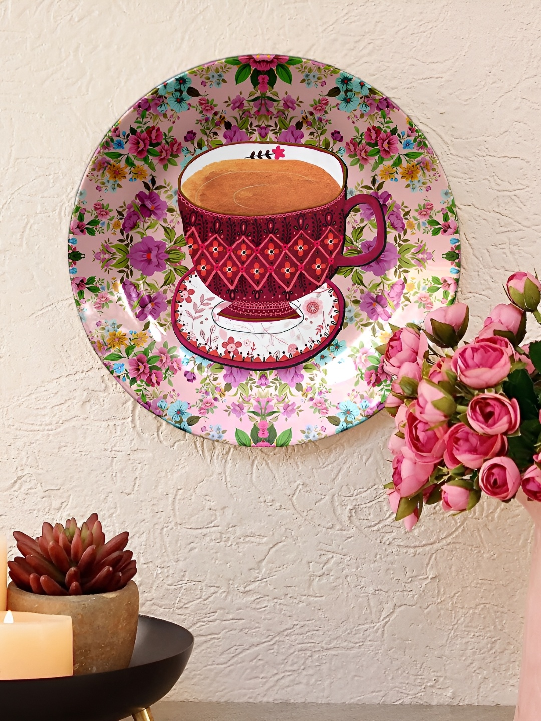 

JIKRAA Beige & Red Floral Printed Ceramic Round Wall Plate