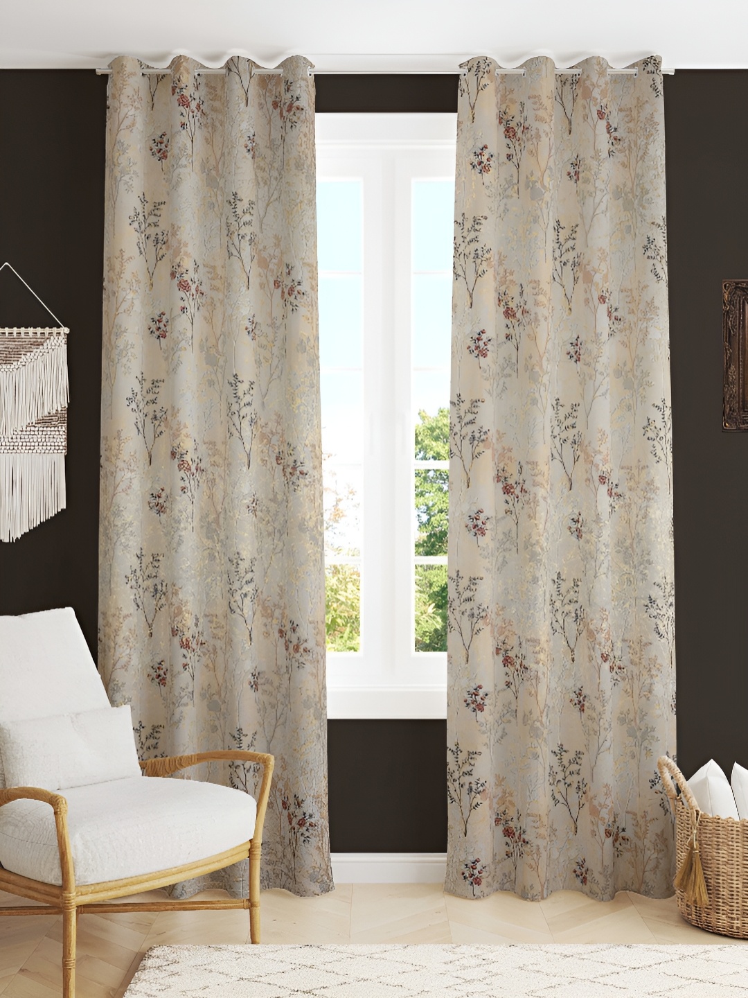 

Kraftiq Homes Beige 2 Pieces Floral Velvet Room Darkening Door Curtains