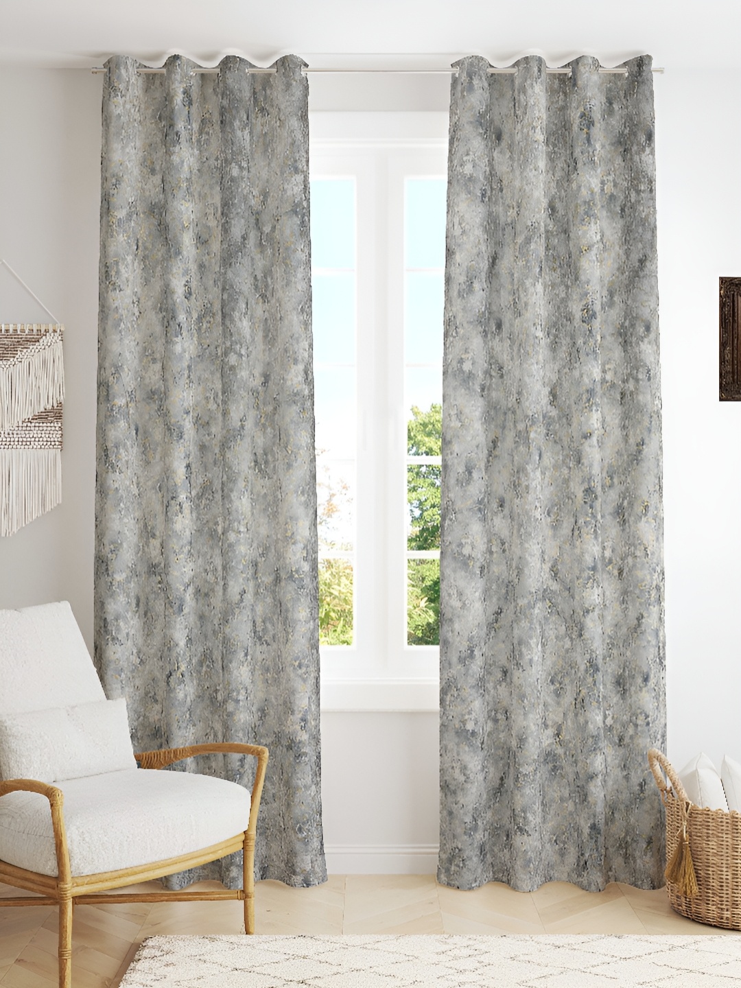 

Kraftiq Homes Grey 2 Pieces Abstract Velvet Room Darkening Door Curtains