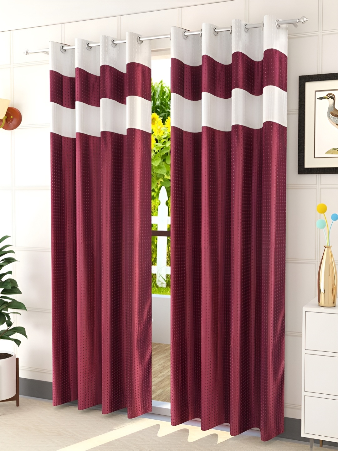 

Kraftiq Homes Maroon 2 Pieces Colour Blocked Room Darkening Window Curtains