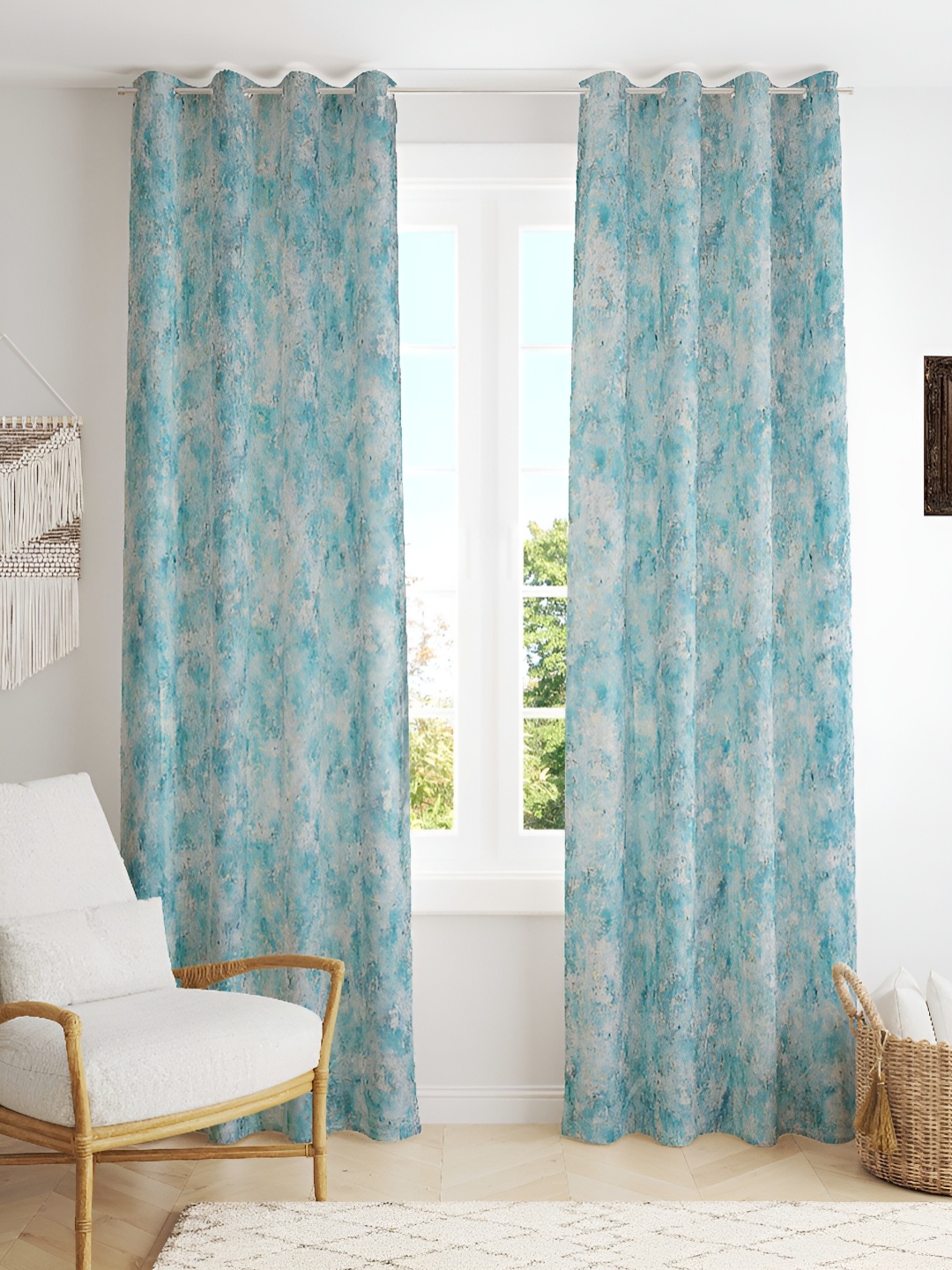 

Kraftiq Homes Blue 2 Pieces Abstract Velvet Room Darkening Door Curtains