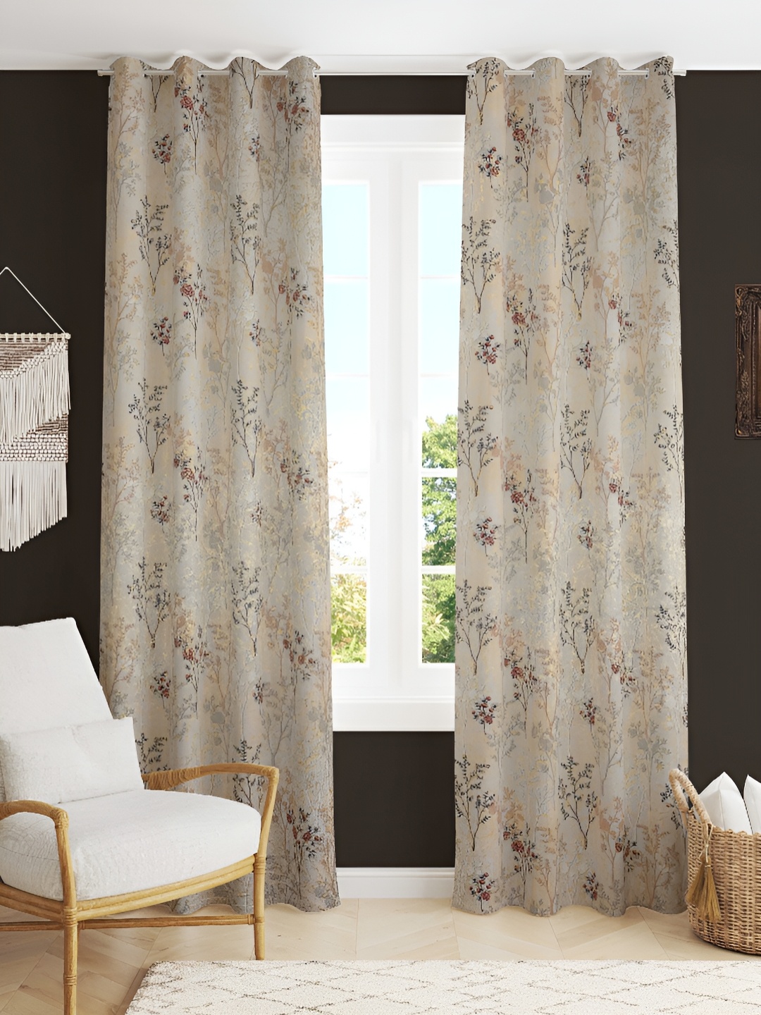 

Kraftiq Homes Beige 2 Pieces Floral Room Darkening Window Curtains