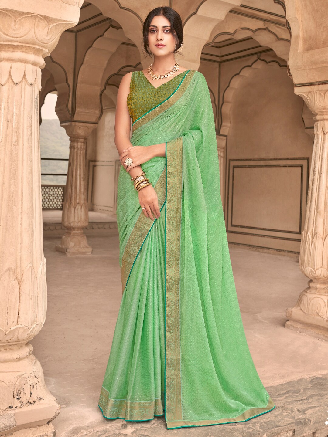 

SANSKAR Ethnic Motifs Saree, Green