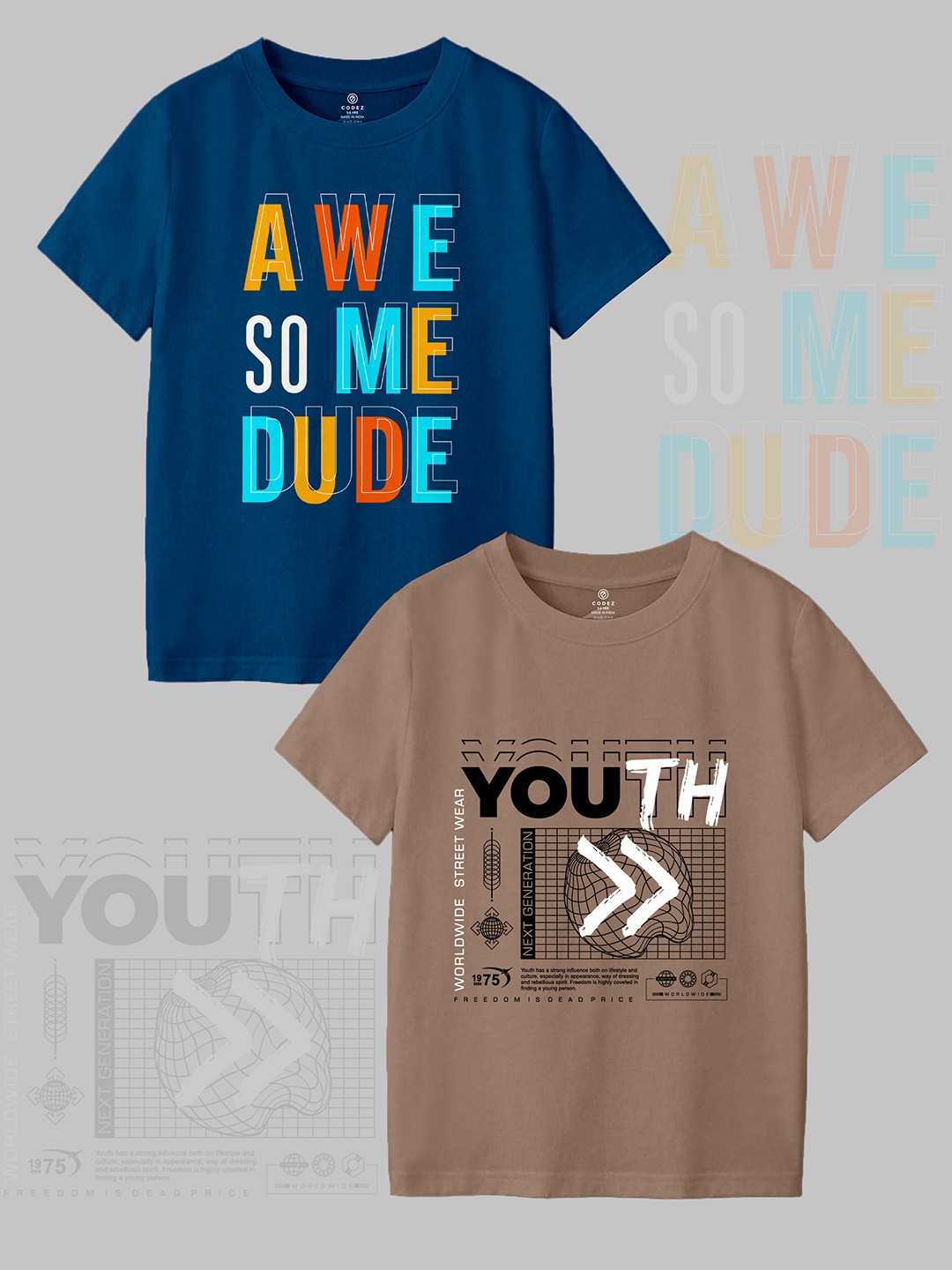 

CODEZ Boys Pack Of 2 Typographic Printed Cotton T-shirt, Blue