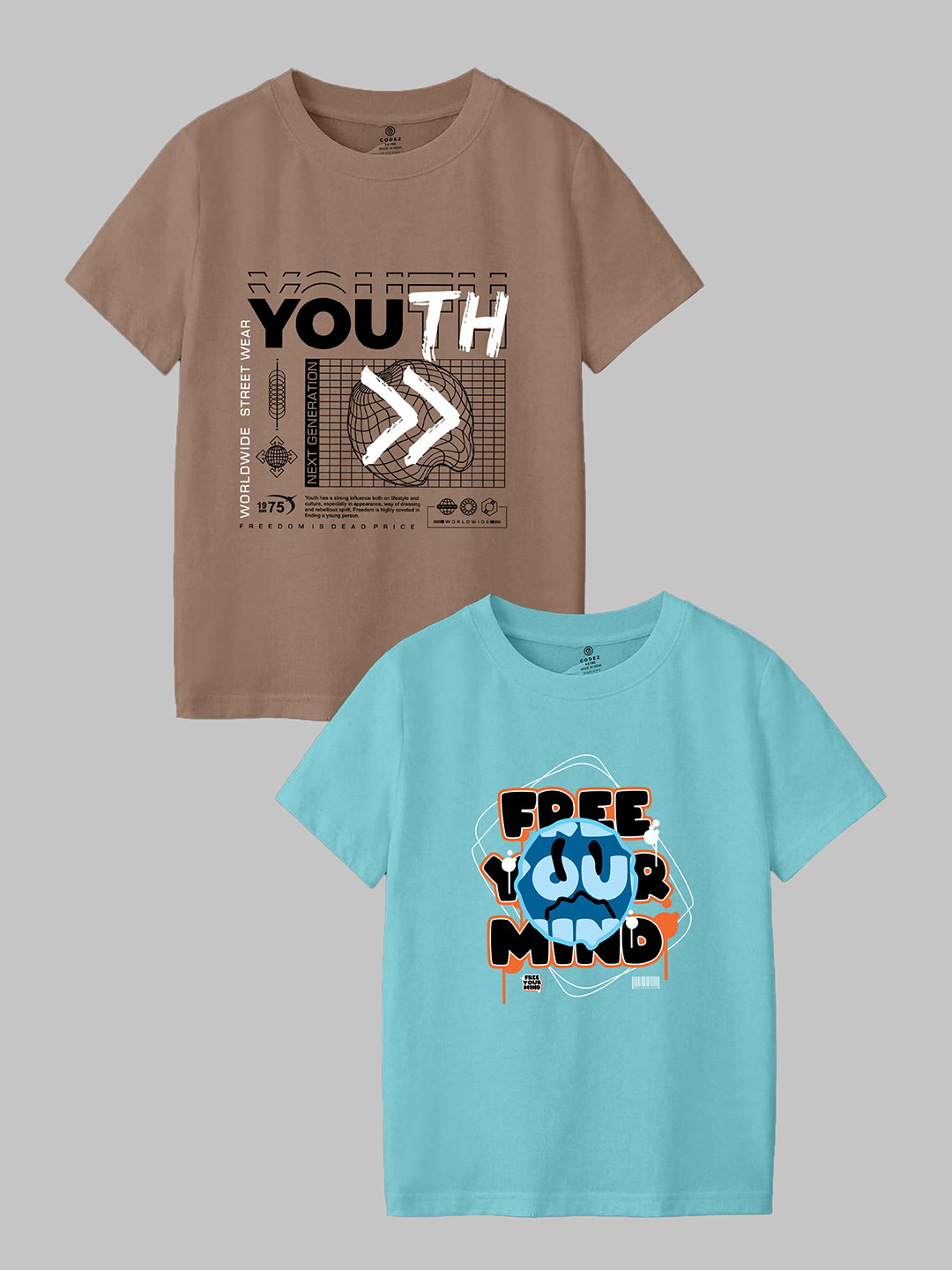 

CODEZ Boys Pack Of 2 Typography Printed Short Sleeves Cotton T-shirt, Coffee brown